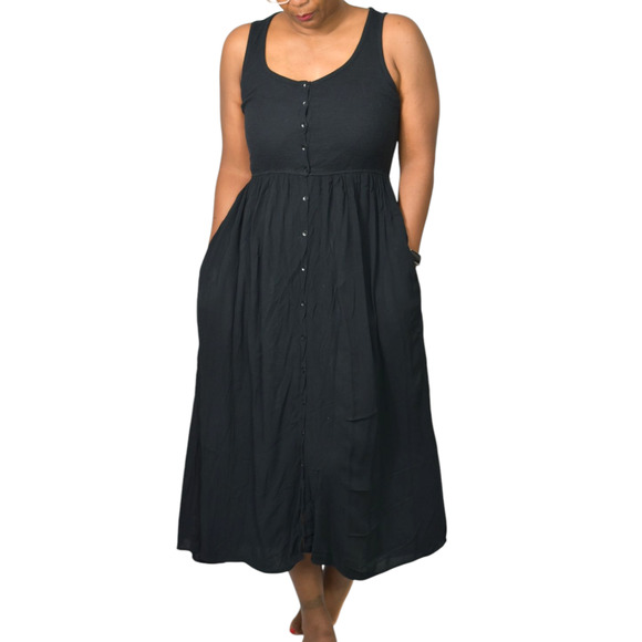 Frye Easy Button Front Dress Black Midi Minimalist Tank Jersey Pockets Rayon XS - Picture 14 of 16